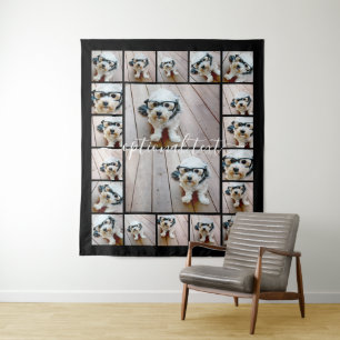 20 FotoCollage Optionaler Text — schwarzer Hinterg Wandteppich