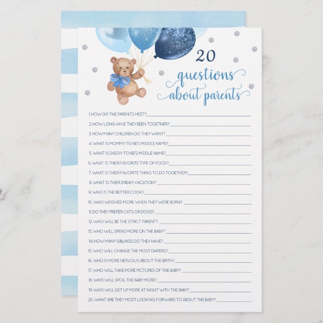 20 Fragen zu den Eltern Baby Shower Teddy Bear (Vorne/Hinten)