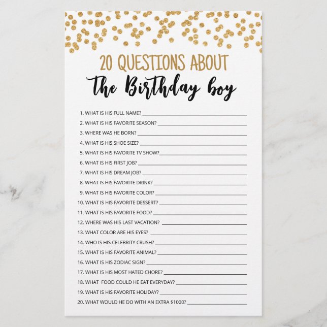 20 Fragen zum Geburtstagsspiel (Vorderseite)