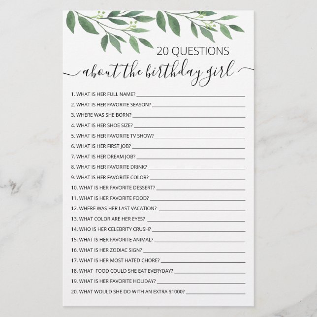 20 Fragen zum Geburtstagsspiel Girl Birthday (Vorderseite)
