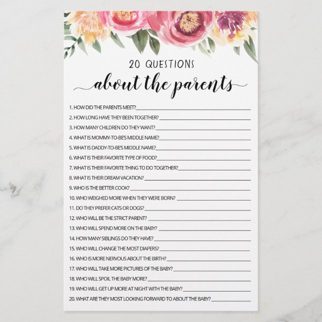 20 Fragen zum Spiel Parents Editable (Vorderseite)