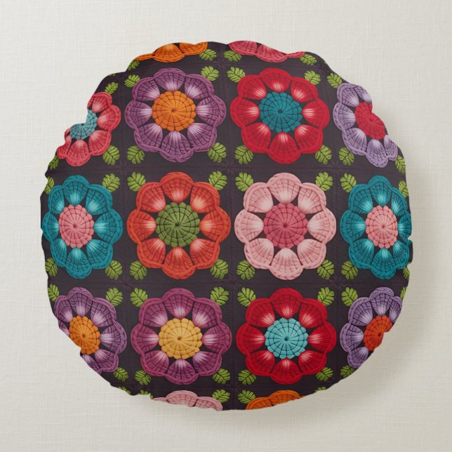  20 Gänseblümchen Blumenmuster Pouf - Schwarze Dek Rundes Kissen (Vorderseite)