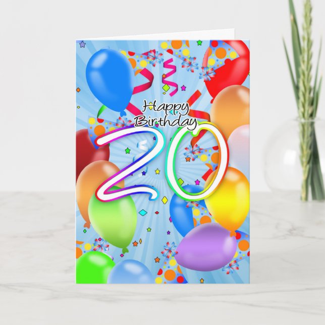 20. Geburtstag - Balloon Birthday Card - Happy Bir Karte (Vorderseite)