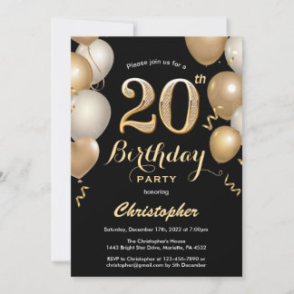 20. Geburtstag Black and Gold Balloons Confetti Einladung
