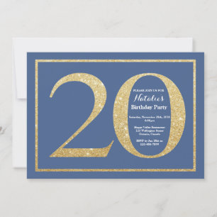 20. Geburtstag Blau und Gold Glitter Einladung
