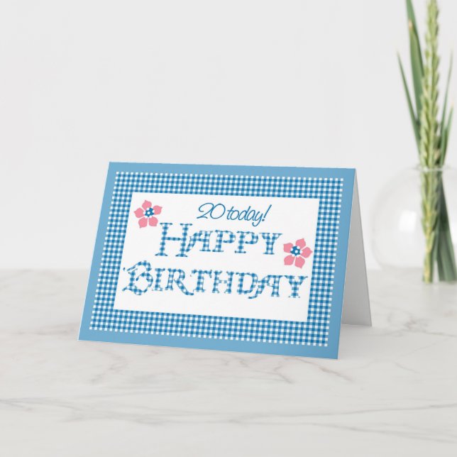 20. Geburtstag, blaues Karo-Gingham-Muster Karte (Vorderseite)