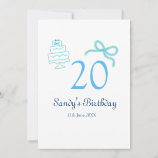 20. Geburtstag blaues Schleifen-Torten-Name Datum Einladung