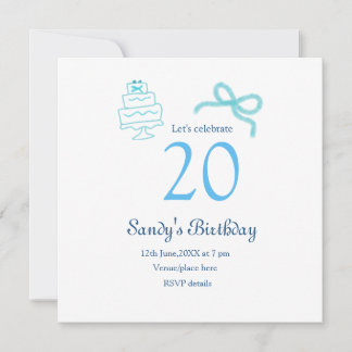 20. Geburtstag blaues Schleifen-Torten-Name Datum Einladung