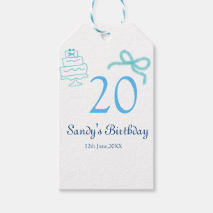 20. Geburtstag blaues Schleifen-Torten-Name Datum Geschenkanhänger