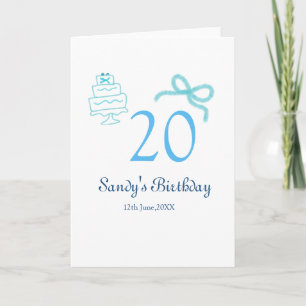 20. Geburtstag blaues Schleifen-Torten-Name Datum Karte
