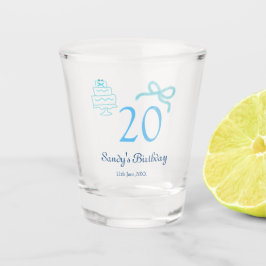 20. Geburtstag blaues Schleifen-Torten-Name Datum  Schnapsglas