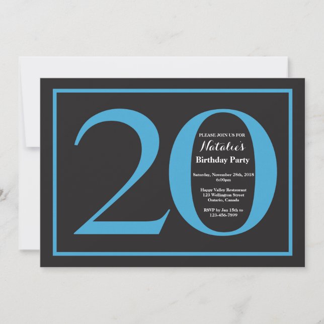 20. Geburtstag Blue and Black Chalkboard Einladung (Vorderseite)