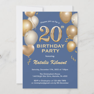 20. Geburtstag Blue and Gold Glitzer Balloons Einladung