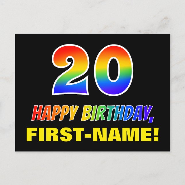 20. Geburtstag: Bold, Fun, Simple, Rainbow 20 Postkarte (Vorderseite)
