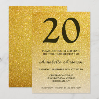 20. Geburtstag Classic Black Gold Glitzer Ombre Einladung