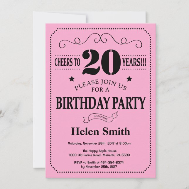 20. Geburtstag Einladung Black and Pink (Vorderseite)