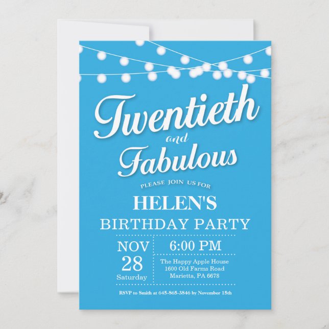 20. Geburtstag Einladung Blue Fabulous (Vorderseite)