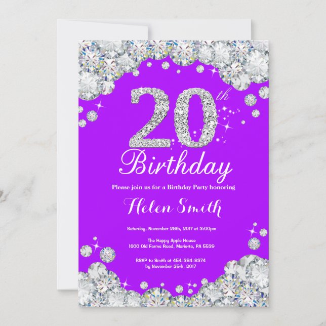 20. Geburtstag Einladung Lila und Silver Diamond (Vorderseite)