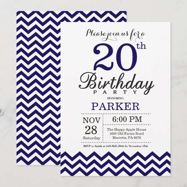 20. Geburtstag Einladung Navy Blue Zickzack (Vorne/Hinten)