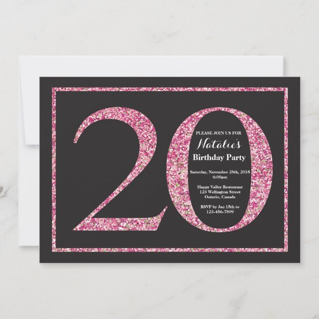 20. Geburtstag Einladung Pink Glitzer Chalkboard (Vorderseite)