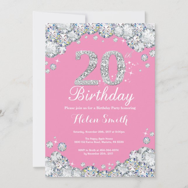20. Geburtstag Einladung Rosa und Silver Diamond (Vorderseite)