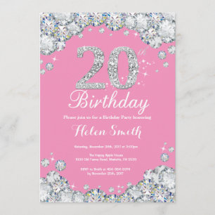 20. Geburtstag Einladung Rosa und Silver Diamond