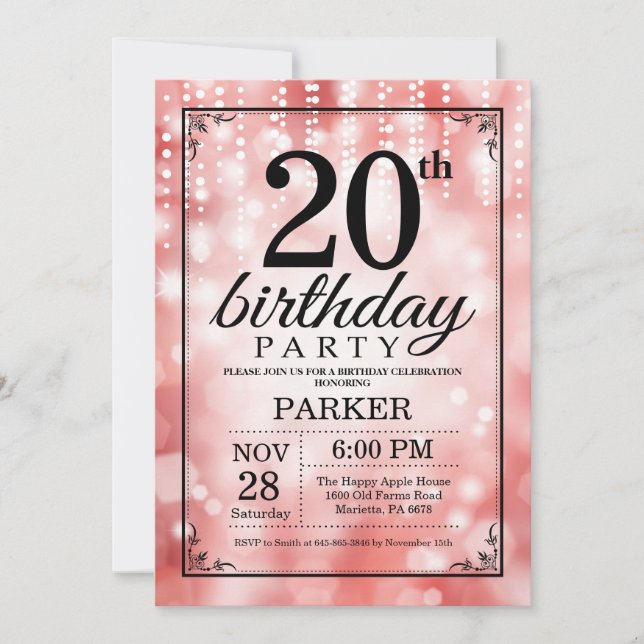 20. Geburtstag Einladung Roter Glitzer (Vorderseite)