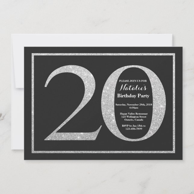 20. Geburtstag Einladung Silver Glitzer Chalkboard (Vorderseite)