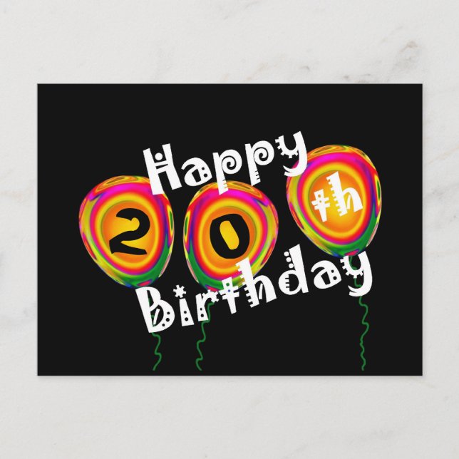 20. Geburtstag farbenfrohe Ballons Postkarte (Vorderseite)