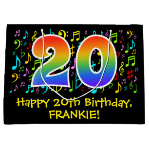 20. Geburtstag - Farbige Musiksymbole, Regenbogen  Große Geschenktüte