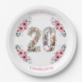 20. Geburtstag Foto Collage Pink Blume Mädchen Wei Pappteller