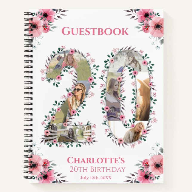 20. Geburtstag Foto Rosa Blume Weißes Gästebuch Notizbuch (Vorderseite)