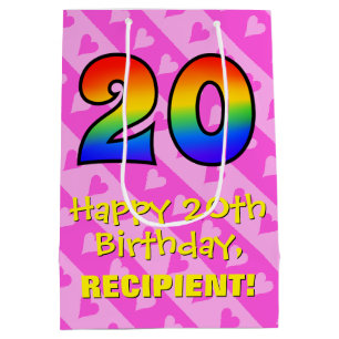 20. Geburtstag: Fun Pink Hearts Streifen; Regenbog Mittlere Geschenktüte