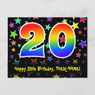 20. Geburtstag: Fun Stars Pattern, Regenbogen 20, Postkarte