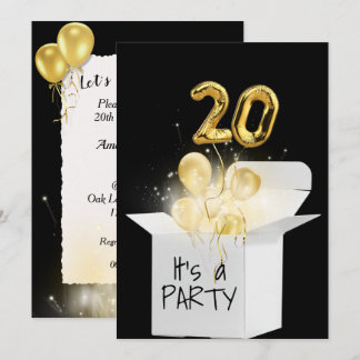 20. Geburtstag Gold Ballons in weißer Box Einladung