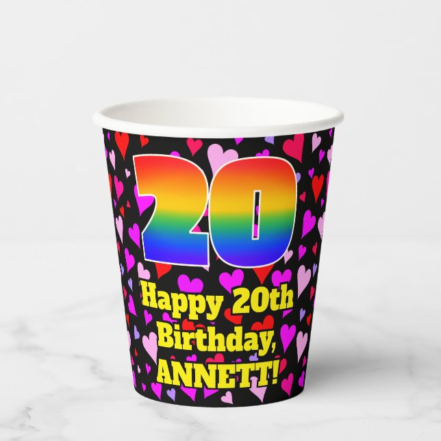 20. Geburtstag: Loving Hearts Pattern, Regenbogen  Pappbecher (Vorderseite)