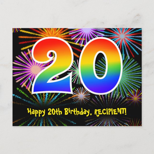20. Geburtstag – Lustiges Feuerwerk Muster + Regen Postkarte (Vorderseite)