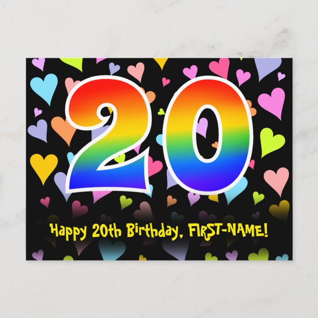 20. Geburtstag: Lustiges Herzen-Muster, Regenbogen Postkarte (Vorderseite)
