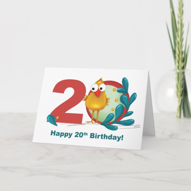 20. Geburtstag mit Funny Bird und Branch Karte (Vorderseite)