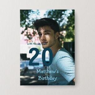 20. Geburtstag Name Foto Datum Mann Blau Weiß Button