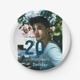 20. Geburtstag Name Foto Datum Mann Blau Weiß s Pappteller