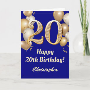 20. Geburtstag Navy Blue und Gold Balloons Confett Karte