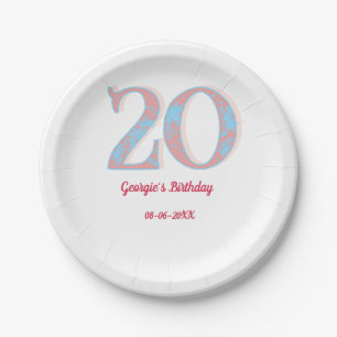 20. GEBURTSTAG PFIRSICH BLAU FETT RETRO NAME STYLI PAPPTELLER