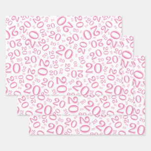 20. Geburtstag Pink/Weiß Random Zahlenmuster 20 Geschenkpapier Set