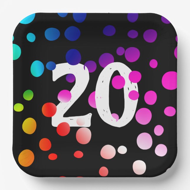 20. Geburtstag Rainbow Dots auf Black Paper Teller (Vorderseite)