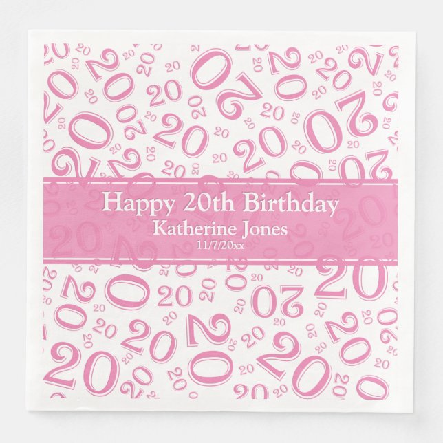 20. Geburtstag Random Zahlenmuster Pink/Weiß Serviette (Vorderseite)