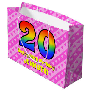 20. Geburtstag: Rosa Streifen & Herz, Regenbogen # Große Geschenktüte