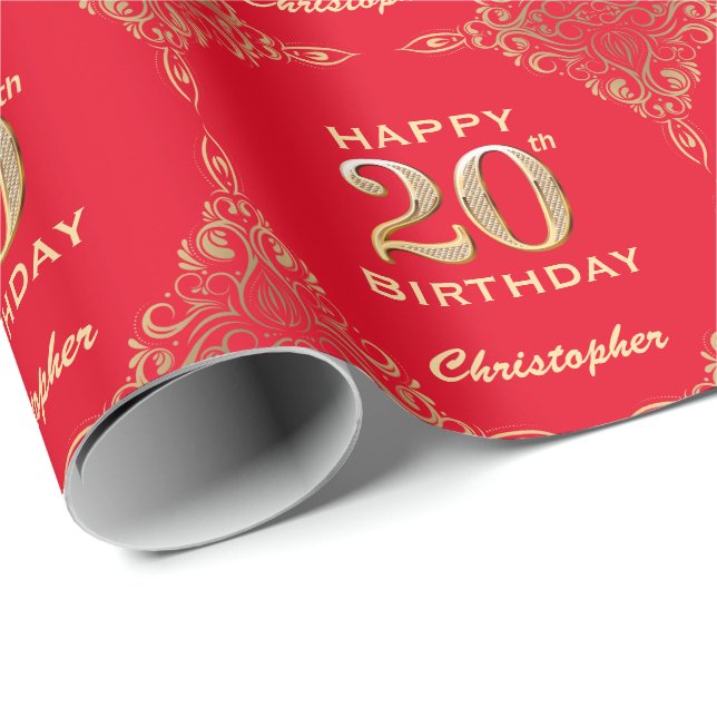 20. Geburtstag Rot und Gold Glitzer Rahmen Geschenkpapier (Rolleneckpunkt)