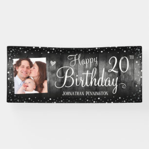 20. Geburtstag Rustikales Holz Foto Silver Confett Banner