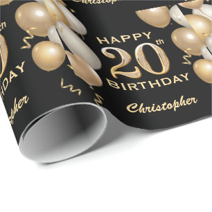 20. Geburtstag Schwarz und Gold Glitzer Ballons Geschenkpapier